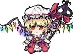  1girl ascot bangs blonde_hair blush bow bracelet chibi collared_shirt commentary english_commentary eyebrows_visible_through_hair fang flandre_scarlet frilled_shirt_collar frilled_skirt frills fumo_(doll) hat hat_ribbon highres jewelry laevatein_(touhou) lis looking_at_viewer medium_hair mob_cap no_nose orange_ascot outline parted_bangs puffy_short_sleeves puffy_sleeves red_bow red_eyes red_footwear red_ribbon red_skirt red_vest ribbon shirt short_sleeves side_ponytail signature simple_background skirt skirt_set smile solo touhou touhou_gouyoku_ibun v-shaped_eyebrows vest wavy_hair white_background white_headwear white_shirt white_skirt wings 