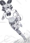  1girl african_wild_dog_(kemono_friends) african_wild_dog_print animal_ears blush bodystocking boots bow bowtie collared_shirt commentary_request day dog_ears dog_girl dog_tail dutch_angle extra_ears full_body greyscale highres kemono_friends layered_sleeves long_sleeves looking_back masuyama_ryou medium_hair monochrome motion_lines multicolored_hair open_mouth outdoors pantyhose running shirt short_over_long_sleeves short_shorts short_sleeves shorts sidelocks solo speed_lines tail v-shaped_eyebrows 