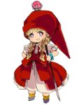 1girl blonde_hair bracelet braid dragon_quest dragon_quest_xi dress hair_over_shoulder hat jewelry long_hair looking_at_viewer mota red_headwear simple_background smile solo twin_braids veronica_(dq11) white_background 