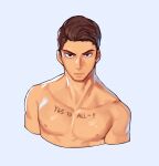  1boy blue_background brown_hair cropped_torso english_text highres male_focus nipples original pectorals rinotuna serious short_hair simple_background solo topless_male upper_body 