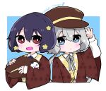  2girls :d arm_up bangs black_hair blue_background blue_eyes blue_ribbon blush brown_headwear cabbie_hat chibi closed_mouth collared_shirt commentary_request cropped_torso dress_shirt eyebrows_visible_through_hair grey_hair grey_ribbon hair_between_eyes hat hat_removed headwear_removed hitomiz holding holding_clothes holding_hat konno_junko long_hair long_sleeves low_twintails mizuno_ai multiple_girls neck_ribbon red_eyes ribbon shirt smile twintails two-tone_background upper_body very_long_hair white_background white_shirt wide_sleeves zombie_land_saga 