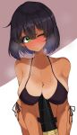  1girl absurdres antyobi0720 bangs between_breasts bikini black_bikini black_hair blush bob_cut breasts cleavage closed_mouth cowboy_shot dark-skinned_female dark_skin girls_und_panzer green_eyes halterneck highres holding hoshino_(girls_und_panzer) large_breasts leaning_forward light_frown looking_at_viewer one_eye_closed seat short_hair side-tie_bikini solo standing swimsuit tan tank_shell tanlines 