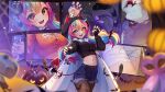  1girl bangs black_gloves black_nails blonde_hair blue_eyes blue_hair blue_shorts blurry blurry_foreground blush breasts claw_pose cowboy_shot demon_tail fingerless_gloves gloves halloween_costume hands_up heterochromia highres hyanna-natsu jack-o&#039;-lantern looking_at_viewer medium_breasts midriff mimi_(picarto.tv) multicolored_hair navel open_mouth original picarto.tv pink_hair red_eyes shorts slit_pupils smile solo tail wide_shot wings 