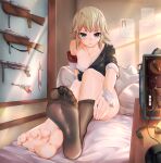  1girl absurdres bare_legs bare_shoulders barefoot bed black_legwear dankesang feet girls&#039;_frontline gun handgun highres knife looking_at_viewer military military_uniform mp41 mp41_(girls&#039;_frontline) nazi no_shoes pistol soles submachine_gun thighs toes uniform weapon 