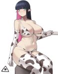  1girl animal_ears animal_print aqua_eyes artist_logo bare_shoulders bikini blue_hair breasts cleavage closed_mouth collarbone colored_inner_hair commentary cow_ears cow_print donburi_(donburikazoku) elbow_gloves english_commentary feet_out_of_frame gloves hand_on_railing large_breasts light_blush light_frown long_hair looking_at_viewer micro_bikini multicolored_hair navel panty_&amp;_stocking_with_garterbelt pink_hair railing simple_background sitting skindentation solo stocking_(psg) string_bikini swimsuit thighhighs underboob very_long_hair white_background 