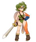  1girl blue_eyes breasts circlet cleavage closed_mouth curly_hair dragon_quest dragon_quest_iv gloves green_hair heroine_(dq4) leotard mota short_hair simple_background smile solo sword weapon white_background 