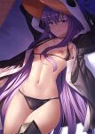  1girl animal_hood ass_visible_through_thighs bangs bare_shoulders bikini black_bikini black_jacket blue_bow blue_eyes blush bow breasts choker closed_mouth collarbone commentary eyebrows_behind_hair fate/grand_order fate_(series) hood hood_up hooded_jacket ibuki_notsu jacket linea_alba long_hair long_sleeves looking_at_viewer meltryllis_(fate) meltryllis_(swimsuit_lancer)_(fate) navel nipples open_clothes open_jacket penguin_hood prosthesis prosthetic_leg purple_hair skindentation sleeves_past_fingers sleeves_past_wrists small_breasts smile solo swimsuit thigh_gap thighs very_long_hair 