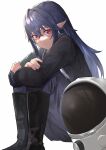  1girl blue_hair boots hanabusaraleigh helmet highres hugging_own_legs irina_luminesk legs_together long_hair looking_at_viewer pointy_ears red_eyes simple_background solo tsuki_to_laika_to_nosferatu white_background 