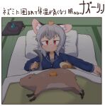  1girl absurdres alternate_costume animal_between_breasts animal_ears animal_on_head bangs bed blue_pajamas blue_shirt blush breasts capybara closed_mouth commentary_request cowboy_shot crystal eyebrows_visible_through_hair folded_clothes food fruit futon greenpiecerice grey_hair grey_skirt guinea_pig hamster highres jewelry long_sleeves looking_at_viewer mandarin_orange mouse mouse_ears mouse_girl nazrin on_head pajamas pendant red_eyes shirt short_hair skirt skirt_removed sleeping small_breasts squirrel tatami touhou translation_request v-shaped_eyebrows 