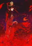  1boy belt black_hair cape disintegration expressionless fate/grand_order fate_(series) field fiery_hair floating_hair flower flower_field from_side fuyuhi_tsukika gloves hand_on_hilt hat highres katana long_hair male_focus oda_nobukatsu_(fate) red_eyes red_flower red_theme solo spider_lily standing sword tears weapon white_gloves 