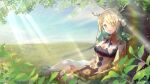  1girl blue_sky blush book branch breasts ceres_fauna cleavage cloud flower green_hair hair_flower hair_ornament hololive hololive_english izumi_mogu leaf long_hair looking_at_viewer medium_breasts mole mole_under_eye outdoors sitting sky smile solo sunlight tree virtual_youtuber yellow_eyes 