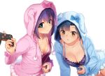  2girls :&lt; animal_hood arm_support bangs blue_bra blue_eyes blue_hair blue_pajamas blush bow bra breasts breasts_apart bunny_hood cleavage closed_mouth collarbone commentary_request controller drawstring eyebrows_visible_through_hair game_controller grey_background heart holding holding_controller hood hood_up idolmaster idolmaster_million_live! index_finger_raised jacket kamille_(vcx68) kneeling long_sleeves looking_at_viewer medium_breasts mochizuki_anna multiple_girls nanao_yuriko no_pants pajamas parted_lips partially_unzipped pink_background pink_bow pink_bra pink_jacket pink_legwear pom_pom_(clothes) purple_hair shadow short_hair side-by-side simple_background sitting sleepwear striped striped_legwear underwear undressing unzipping wariza yellow_eyes yokozuwari zipper_pull_tab 