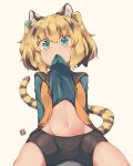  1girl animal_ears beige_background bike_shorts black_hair blonde_hair eyebrows_visible_through_hair green_eyes kuromiya lifted_by_self long_sleeves looking_at_viewer multicolored_hair navel original short_hair simple_background solo stomach stomach_day tail thighs tiger_ears tiger_girl torafuji_nagi two-tone_hair white_background 