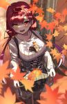  1girl autumn_leaves bangs black_ribbon blurry blurry_foreground blush breasts brown_legwear commentary_request eyebrows_visible_through_hair feet_out_of_frame from_above hair_ribbon heart heterochromia high-waist_skirt highres hololive houshou_marine large_breasts long_hair long_sleeves looking_at_viewer nail_polish nyaa28 open_mouth pantyhose puffy_long_sleeves puffy_sleeves red_hair ribbon see-through skirt skirt_basket smile solo standing sweater virtual_youtuber white_sweater yellow_eyes yellow_nails 