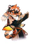  1girl animal_ears arknights capelet cropped_legs fighting_stance furry glasses grin highres looking_over_eyewear multicolored_hair orange-tinted_eyewear smile star_(12884324) sunglasses tail tiger_ears tiger_girl tiger_tail tinted_eyewear waai_fu_(arknights) white_background 