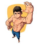  1boy abs arms_up barefoot black_eyes black_hair blue_pants earrings full_body jewelry male_focus navel original pants pectorals rinotuna short_hair solo standing toned toned_male topless_male yellow_background 