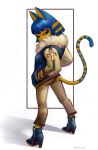  animal_crossing animal_ears ankha_(animal_crossing) blue_coat blue_hair bob_cut boots cat_ears cat_tail coat colored_skin egyptian evil_eyes from_side full_body fur_collar furry furry_female glaring hands_in_pockets high_heel_boots high_heels looking_at_viewer looking_back multicolored_hair pants short_hair standing tail tealful_eyes two-tone_hair yellow_fur yellow_skin 