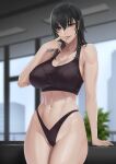  1girl abs bangs bare_shoulders black_hair black_panties black_sports_bra blush breasts brown_eyes cleavage collarbone damegane highleg highleg_panties highres large_breasts long_hair looking_at_viewer navel original panties revision smile solo sports_bra thighs underwear 