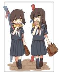  2girls akagi_(kancolle) bag black_footwear black_legwear black_sailor_collar black_serafuku black_shirt black_skirt blush brown_eyes brown_hair burger commentary_request eating eyebrows_visible_through_hair food holding ina_(1813576) kaga_(kancolle) kantai_collection long_hair multiple_girls neckerchief open_mouth pleated_skirt ponytail sailor_collar school_uniform serafuku shirt shoes skirt socks uniform white_neckerchief 