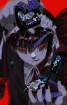  1girl bangs black_hair black_jacket black_nails card celestia_ludenberg center_frills danganronpa:_trigger_happy_havoc danganronpa_(series) drill_hair frills gothic_lolita highres inverted_colors jacket joh_pierrot joker_(card) king_of_spades lolita_fashion long_hair nail_polish neck_ribbon necktie playing_card queen_of_hearts_(card) red_background red_eyes red_necktie ribbon shiny shiny_hair shirt simple_background solo twin_drills twintails white_ribbon white_shirt 