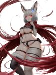  1girl animal_ears areola_slip areolae artist_name asymmetrical_legwear bandaged_arm bandaged_leg bandages belt belt_pouch breasts bright_pupils crop_top curvy expressionless fur_trim highres large_breasts mismatched_legwear neu_(purusawa) original pouch red_eyes scarf silver_hair simple_background solo thick_thighs thigh_strap thighhighs thighs underboob underbust white_background wide_hips wolf_ears wowowo-chan 
