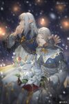  1boy 1girl bangs blue_bow blue_capelet blush bow box capelet christmas commentary dated dress elezen elf estinien_wyrmblood final_fantasy final_fantasy_xiv flower grey_eyes hand_on_own_face hands_up hetero highres holding holding_box hover_hand lily_(flower) long_hair moogle pointy_ears shuangbatian sidelocks signature silver_hair snow snowing white_dress winter ysayle_dangoulain 