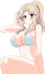  1girl absurdres aikir_(jml5160) bikini blonde_hair blue_eyes breasts closed_mouth commentary eyebrows_visible_through_hair girls_und_panzer hair_intakes halterneck hand_in_hair highres kay_(girls_und_panzer) large_breasts long_hair looking_at_viewer navel pinky_out ponytail simple_background sitting smile solo swimsuit white_background white_bikini 