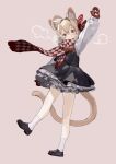  1girl absurdres animal_ears arm_up black_footwear black_skirt black_vest blonde_hair blush checkered checkered_scarf closed_mouth commentary full_body hair_between_eyes highres kneehighs loafers long_sleeves pom_pom_(clothes) red_eyes rumia scarf sh_(562835932) shirt shoes short_hair skirt solo tail touhou vest white_legwear white_shirt 