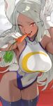  1girl animal_ears bangs bare_shoulders boku_no_hero_academia breasts carrot crescent_print dark-skinned_female dark_skin highres hood_(james_x) large_breasts leotard long_eyelashes long_hair looking_at_viewer mirko open_mouth rabbit_ears rabbit_girl rabbit_tail red_eyes smile solo tail taut_leotard thighhighs thighs white_hair white_leotard 