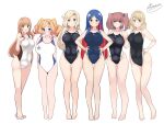  6+girls absurdres atlanta_(kancolle) blonde_hair blue_eyes blue_hair blush breasts competition_swimsuit full_body green_eyes hands_on_hips helena_(kancolle) highres honolulu_(kancolle) hornet_(kancolle) houston_(kancolle) kantai_collection large_breasts long_hair multicolored_clothes multicolored_hair multicolored_swimsuit multiple_girls noruren one-piece_swimsuit red_hair signature south_dakota_(kancolle) swimsuit twintails twitter_username white_background yellow_eyes 