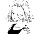  1girl android_18 bangs black_skirt closed_mouth collarbone commentary dragon_ball dragon_ball_z earrings expressionless eyelashes face greyscale hair_behind_ear hand_on_shoulder jewelry long_sleeves looking_at_viewer medium_hair monochrome simple_background sketch skirt solo tkgsize white_background 