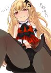  1girl bad_id bad_pixiv_id bangs bare_shoulders blonde_hair blush clothes_lift detached_sleeves eyebrows_visible_through_hair fang girls&#039;_frontline hair_ornament long_hair looking_at_viewer m9_(girls&#039;_frontline) panties panties_under_pantyhose pantyhose red_eyes skirt skirt_lift smile star_(symbol) star_hair_ornament underwear very_long_hair zserty555 