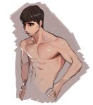  1boy abs black_hair grey_background hands_on_hips highres male_focus muscular muscular_male navel original pectorals rinotuna short_hair solo topless_male 