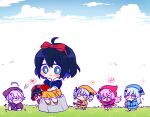  &gt;_&lt; 6+girls 6_(yuchae) :d anger_vein bangs blue_eyes blue_hair blue_sky blush bow bronya_zaychik chibi closed_mouth cloud cloudy_sky cosplay dress drill_hair food fruit full_body grass grey_eyes grey_hair hair_bow headband heart holding holding_food holding_fruit honkai_(series) honkai_impact_3rd horns liliya_olenyeva long_hair multicolored_hair multiple_girls musical_note open_mouth outdoors pink_hair purple_hair red_eyes red_hair rock rozaliya_olenyeva seele_(alter_ego) seele_vollerei short_hair short_sleeves siblings sin_mal single_horn sitting sky smile snow_white_(disney) snow_white_(disney)_(cosplay) snow_white_and_the_seven_dwarfs spoken_heart spoken_musical_note twin_drills twins two-tone_hair 