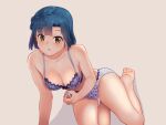  1girl arm_support bangs barefoot blue_bra blue_hair blue_panties bra breasts cleavage commentary_request eyebrows_visible_through_hair grey_background idolmaster idolmaster_million_live! kamille_(vcx68) looking_at_viewer medium_breasts nanao_yuriko panties parted_lips print_bra print_panties shadow short_hair simple_background sitting solo underwear underwear_only yellow_eyes yokozuwari 