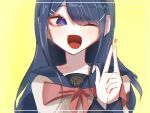  1girl bangs blue_eyes blue_hair bow bowtie collarbone danganronpa:_trigger_happy_havoc danganronpa_(series) eyebrows_visible_through_hair fukurou_(hukuro1219) hair_ornament hairclip hands_up heart index_finger_raised long_hair long_sleeves maizono_sayaka one_eye_closed pink_bow pink_bowtie sailor_collar school_uniform serafuku simple_background skirt smile solo yellow_background 