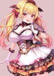  1girl bangs blonde_hair blush bow breasts commentary corset cowboy_shot dress eyebrows_visible_through_hair fangs finger_to_mouth frilled_dress frills gloves gradient_hair hair_bow head_wings heart highres hololive large_breasts long_hair looking_at_viewer multicolored_hair open_mouth puffy_short_sleeves puffy_sleeves red_bow red_eyes red_hair short_sleeves smile solo standing star_(symbol) star_in_eye symbol_in_eye tiara twintails virtual_youtuber white_background white_dress white_gloves yozora_mel yuano 