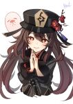  1girl bangs black_coat black_headwear blush brat breasts brown_hair coat flower genshin_impact ghost hat hat_flower highres hu_tao_(genshin_impact) long_hair long_sleeves looking_at_viewer open_mouth plum_blossoms red_eyes small_breasts smile solo symbol-shaped_pupils twintails very_long_hair 