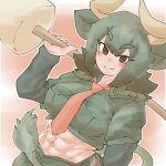  1girl abs animal_ears arm_at_side aurochs_(kemono_friends) bangs brown_eyes brown_hair camouflage camouflage_shirt cow_ears cow_girl cow_horns cow_tail cropped_shirt dutch_angle eyebrows_visible_through_hair eyelashes green_hair grin hand_up highres holding holding_weapon horizontal_pupils horns kemono_friends layered_sleeves long_sleeves looking_at_viewer medium_hair midriff multicolored_hair muscular muscular_female necktie niboshi_(niboshi_aruku) over_shoulder pantyhose parted_bangs polearm print_shirt shirt short_over_long_sleeves short_sleeves skirt smile solo stomach tail tan upper_body weapon weapon_over_shoulder 