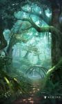  artist_name chinese_commentary chinese_text commentary_request fern forest grass highres landscape moonslanstudio moss nature no_humans original plant pond scenery shade sky sunlight tree water waterfall 