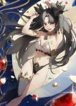 1girl absurdres armlet armpits arms_up bikini black_hair breasts cleavage coin earrings fate/grand_order fate_(series) floating_hair gem gold highres hoop_earrings ishtar_(fate) jewelry long_hair medium_breasts mismatched_bikini navel neck_ribbon open_mouth red_eyes revision ribbon ruby_(gemstone) single_sleeve single_thighhigh single_wrist_cuff smile solo star741 swimsuit symbol-shaped_pupils thighhighs thighlet tiara very_long_hair wrist_cuffs 