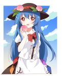  1girl bangs black_headwear blue_hair blue_sky blush border bow bowtie breasts brown_skirt cloud cloudy_sky collar collared_shirt eyebrows_visible_through_hair food fruit gradient gradient_sky hair_between_eyes hand_up hat highres hinanawi_tenshi leaf long_hair looking_to_the_side medium_breasts open_mouth peach puffy_short_sleeves puffy_sleeves rainbow red_bow red_bowtie red_eyes sasaki_sakiko shirt short_sleeves skirt sky smile solo standing touhou white_border white_shirt yellow_sky 