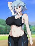  1girl absurdres bike_shorts black_shorts black_sports_bra blue_hair blue_sky blush breasts day highres infinite_stratos large_breasts midriff navel one_eye_closed open_mouth outdoors red_eyes sarashiki_tatenashi shiny shiny_hair shiny_skin short_hair shorts sky solo space_gorilla sports_bra standing stomach stomach_day sweat towel 