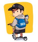  1boy backpack bag baseball_cap black_footwear black_hair black_headwear black_shorts blue_bag cigarette from_behind full_body grey_hoodie hat hood hood_down hoodie kick_scooter male_focus original rinotuna shadow shoes short_hair shorts solo standing yellow_background 