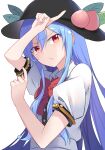  1girl :/ arms_up bangs black_headwear blue_hair blush bow bowtie buttons center_frills collared_shirt e.o. eyebrows_visible_through_hair fingernails flat_chest frills fruit_hat_ornament furrowed_brow hair_between_eyes highres hinanawi_tenshi leaf long_hair looking_at_viewer peach_hat_ornament pointing_to_the_side puffy_short_sleeves puffy_sleeves red_bow red_bowtie red_eyes red_ribbon ribbon shirt short_sleeves sidelocks simple_background solo standing touhou upper_body white_background white_shirt wing_collar 