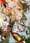  1girl absurdres blurry blurry_background brown_hair floating_hair hand_up highres leaf long_hair open_mouth original portrait red_eyes red_ribbon ribbon shadow solo yoneyama_mai 