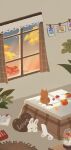  animal autumn autumn_leaves book bunny cat clothes_pin cloud commentary_request danby_merong dog flower food fruit ginkgo_leaf heart heart_pillow highres indoors kotatsu leaf mandarin_orange maple_leaf no_humans open_book original photo_(object) pillow red_flower rug signature sky table window 