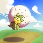  :d closed_eyes cloud commentary_request day eldegoss floating happy no_humans open_mouth outdoors pokemon pokemon_(creature) pokke_tuki seed sky smile solo wind wind_lift 