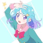  1girl :d aikatsu!_(series) aikatsu_friends! aqua_jacket arm_up blue_background blue_hair bow bowtie braid buttons double-breasted french_braid gradient_hair hair_ornament jacket kaaaaaappe long_sleeves looking_at_viewer medium_hair minato_mio multicolored_background multicolored_hair open_mouth pink_bow pink_bowtie pink_sailor_collar purple_eyes purple_hair round_teeth sailor_collar simple_background sketch smile solo star_(symbol) star_hair_ornament star_harmony_academy_uniform teeth upper_body upper_teeth v white_background 