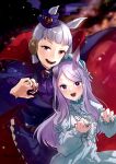  2girls :d animal_ears cape claw_pose fingernails gold_ship_(umamusume) halloween hat highres horse_ears horse_girl lolita_fashion long_fingernails long_hair looking_at_viewer mejiro_mcqueen_(umamusume) mini_hat mini_top_hat multiple_girls open_mouth purple_hair red_cape red_nails rubu_(ruvvvvvu) sharp_fingernails silver_hair size_difference smile sweet_lolita top_hat two-sided_cape two-sided_fabric umamusume 